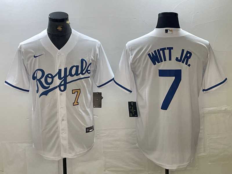 Men%27s Kansas City Royals #7 Bobby Witt Jr Number White Cool Base Stitched MLB Jerseys